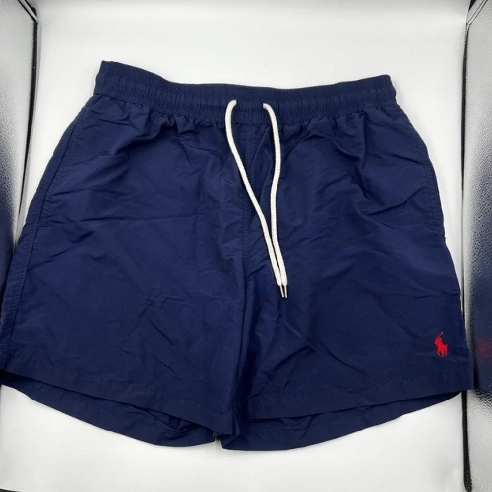 Polo Ralph Lauren Men's Medium Navy Blue Swim Trunks Red Pony Logo 5.5 Inseam